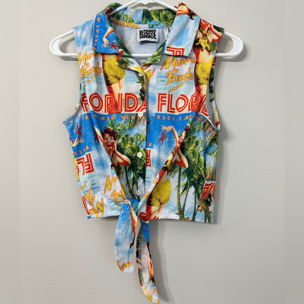 Reclaimed Vintage Multicolor Florida Print Tie-Front Shirt